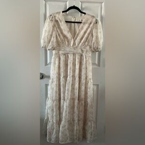 Storia Cream Floral Midi Dress Puff Sleeve V-Neck Tiered Size Large